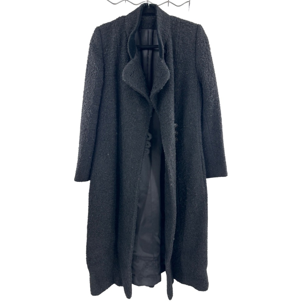 LUBA Womens Black Textured 100% Wool Long Coat Button Up Collar
